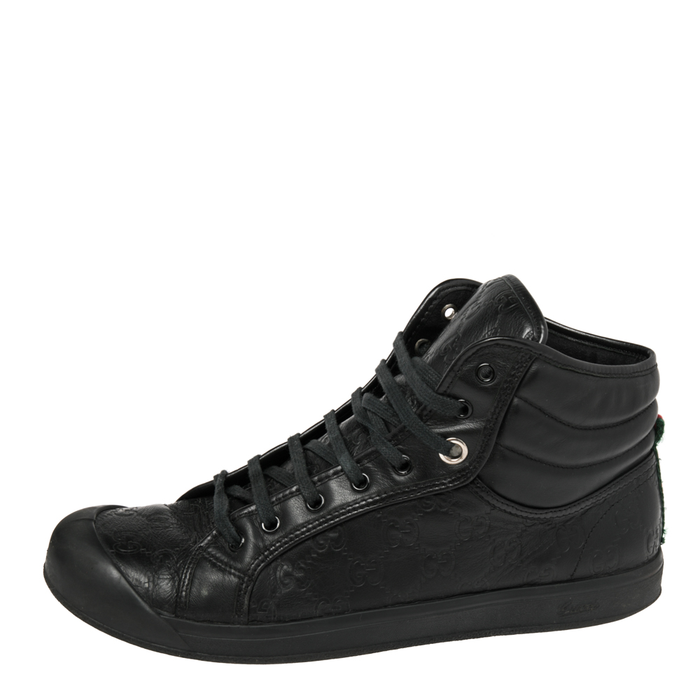 

Gucci Black Guccissima Leather Web High Top Sneakers Size