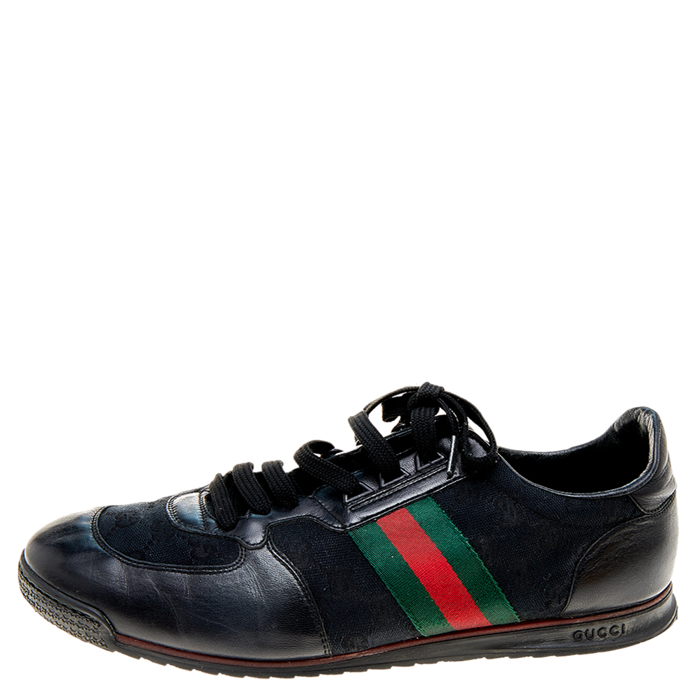 

Gucci Black GG Canvas and Leather Web Low Top Sneakers Size