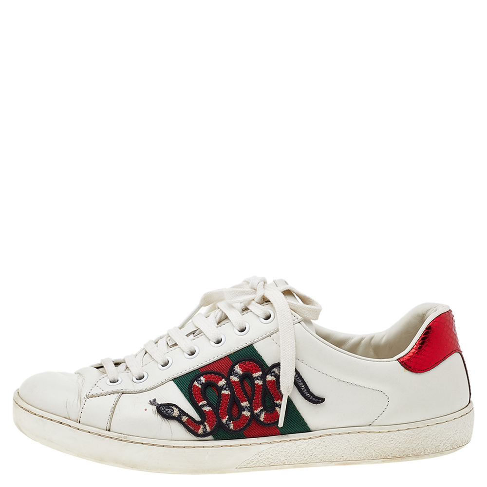 

Gucci White Leather And Python Embossed Leather Ace Snake Embroidered Low Top Sneakers Size
