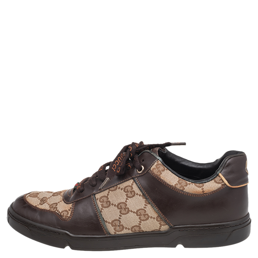 

Gucci Beige-Brown GG Canvas And Leather Low Top Sneakers Size