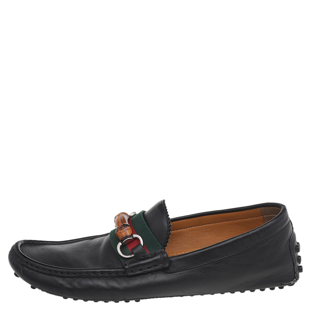 

Gucci Black Leather Bamboo Horsebit Slip On Loafers Size