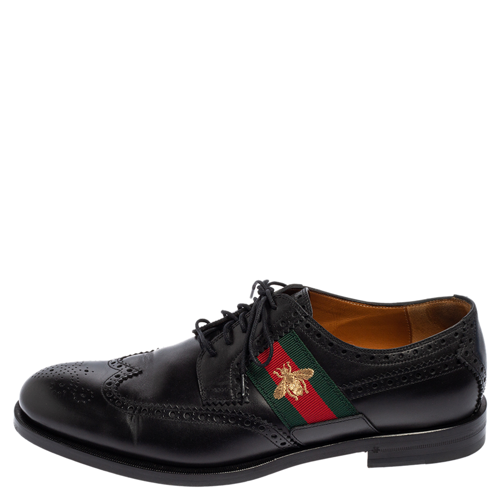 

Gucci Black Brogue Leather Bee Web Detail Lace Up Derby Size