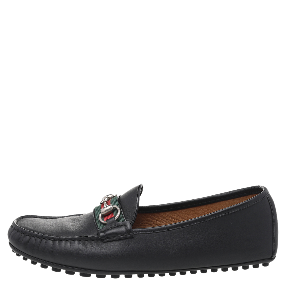 

Gucci Black Leather Web Horsebit Loafers Size