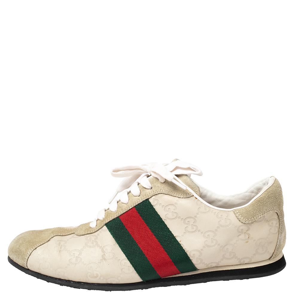 

Gucci White Guccissima Leather And Suede Web Detail Sneakers Size
