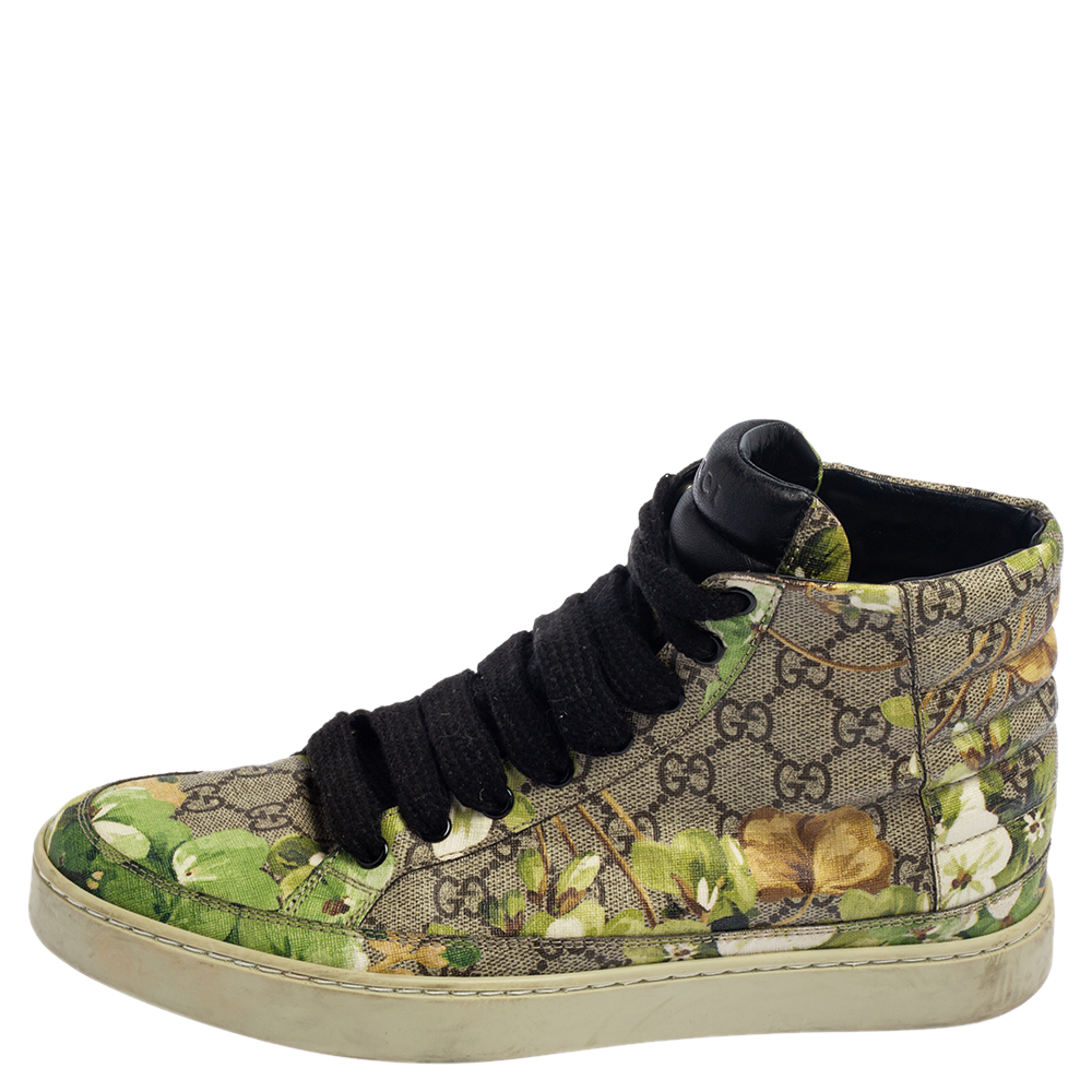 

Gucci Green/Beige GG Supreme Bloom Canvas Lace Up High Top Sneakers Size