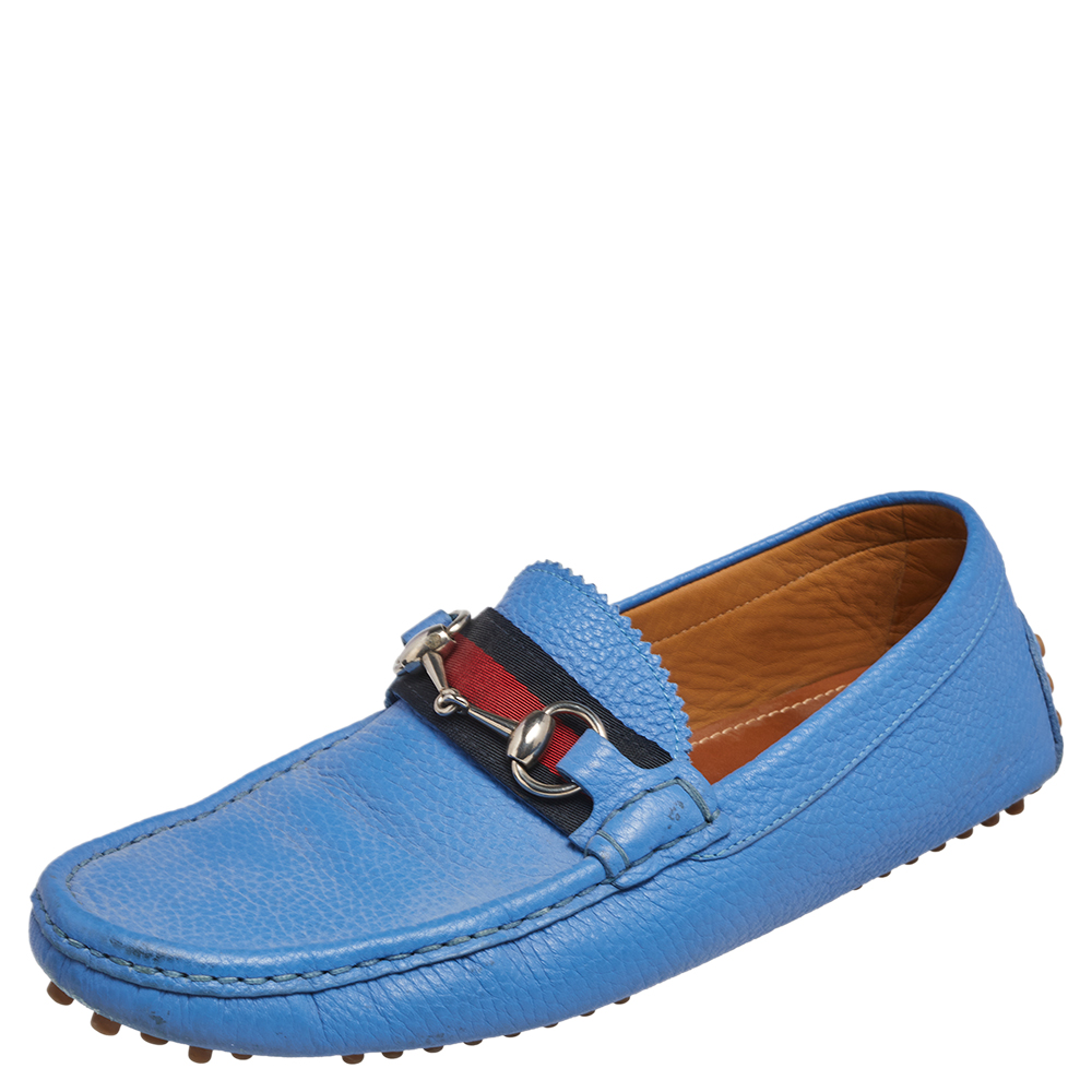 

Gucci Blue Leather Horsbit Web Trim Loafers Size