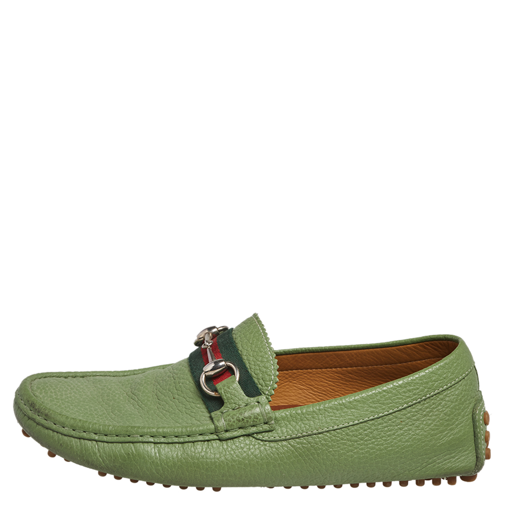 Gucci Green Leather Horsebit Slip On Loafers Size