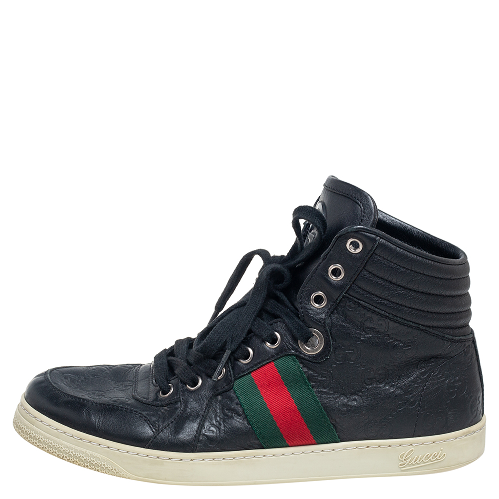 

Gucci Black Leather Web High Top Sneakers Size