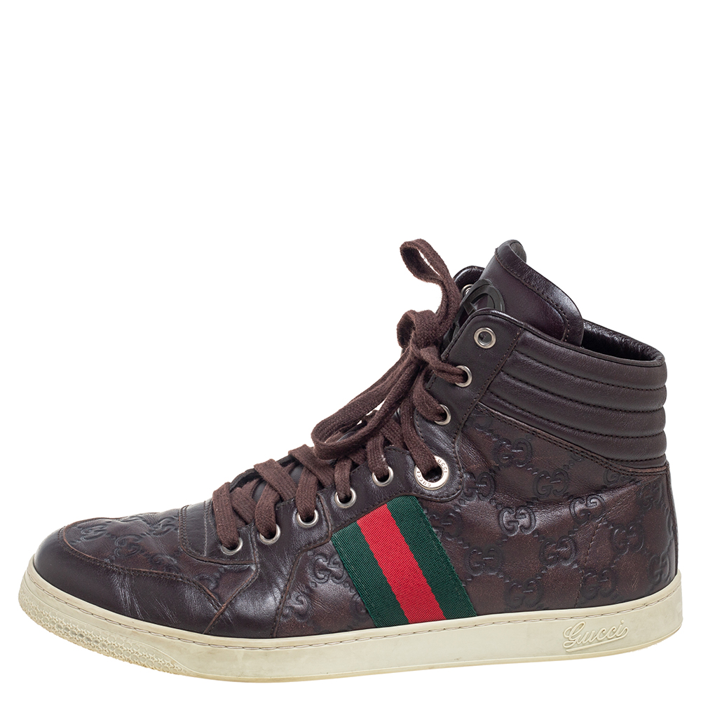 

Gucci Brown Guccissima Leather Web Detail High Top Sneakers Size