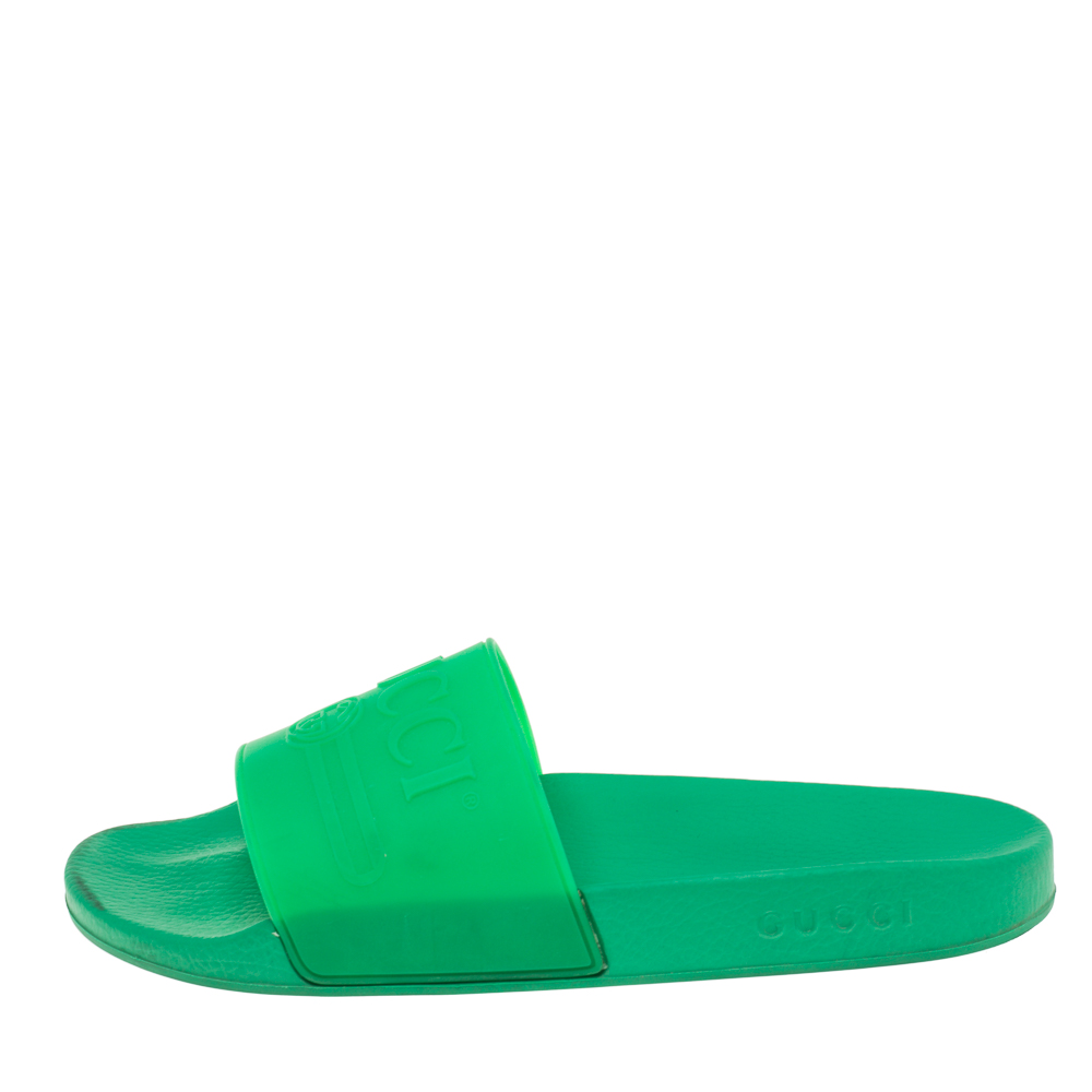 

Gucci Green Rubber Logo Pursuit Slide Sandals Size