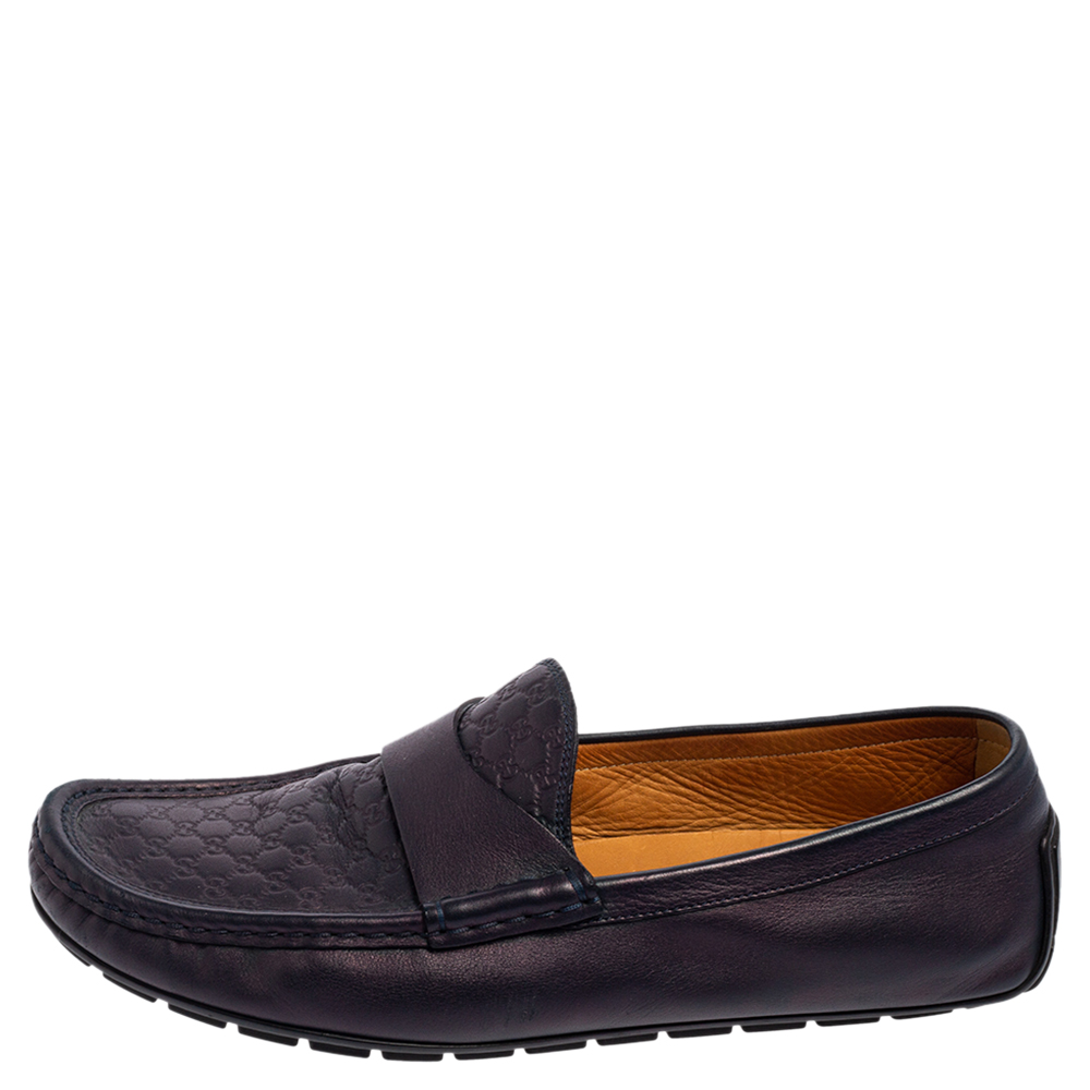 

Gucci Navy Blue Guccissima Leather GG Slip On Loafers Size