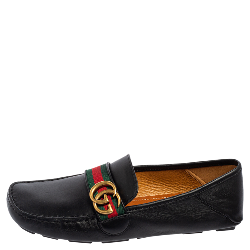 

Gucci Black Leather Web Driver Loafers Size