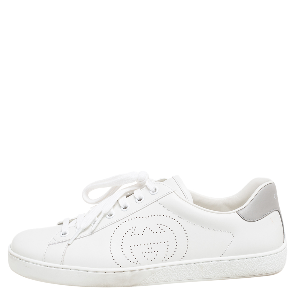 

Gucci White Leather Interlocking G Ace Lace Up Sneakers Size