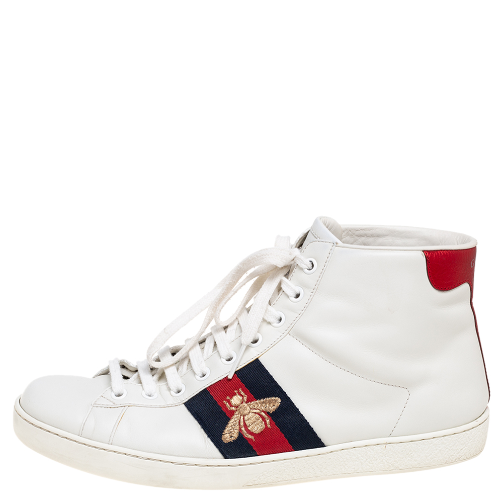 

Gucci White Leather Ace Web Bee High Top Sneakers Size