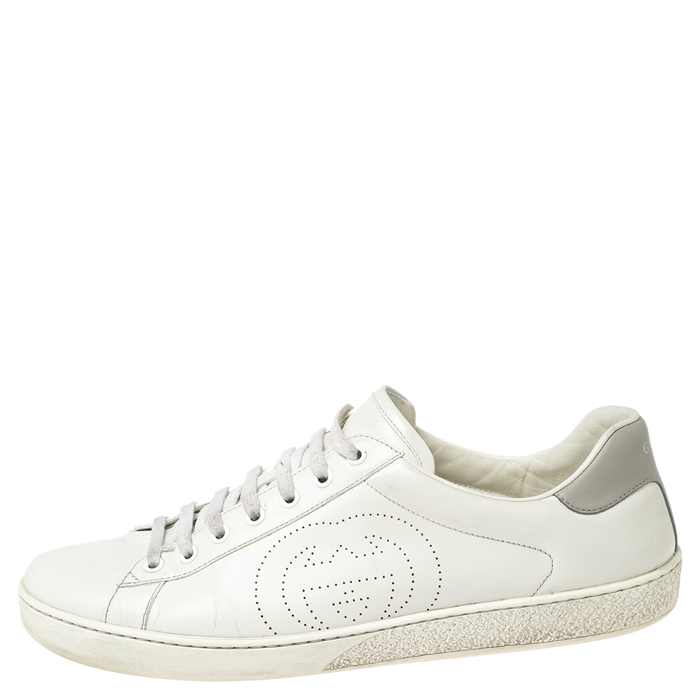 

Gucci White Leather Interlocking G Ace Lace Up Sneakers Size