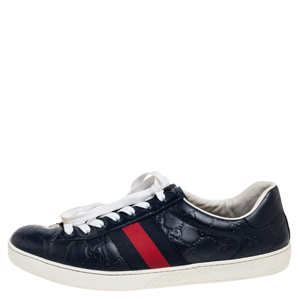 

Gucci Dark Blue Guccissima Leather Ace Web Low Top Sneakers Size, Navy blue