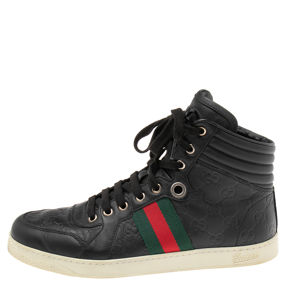 

Gucci Black Guccissima Leather Web Detail High-Top Sneakers Size