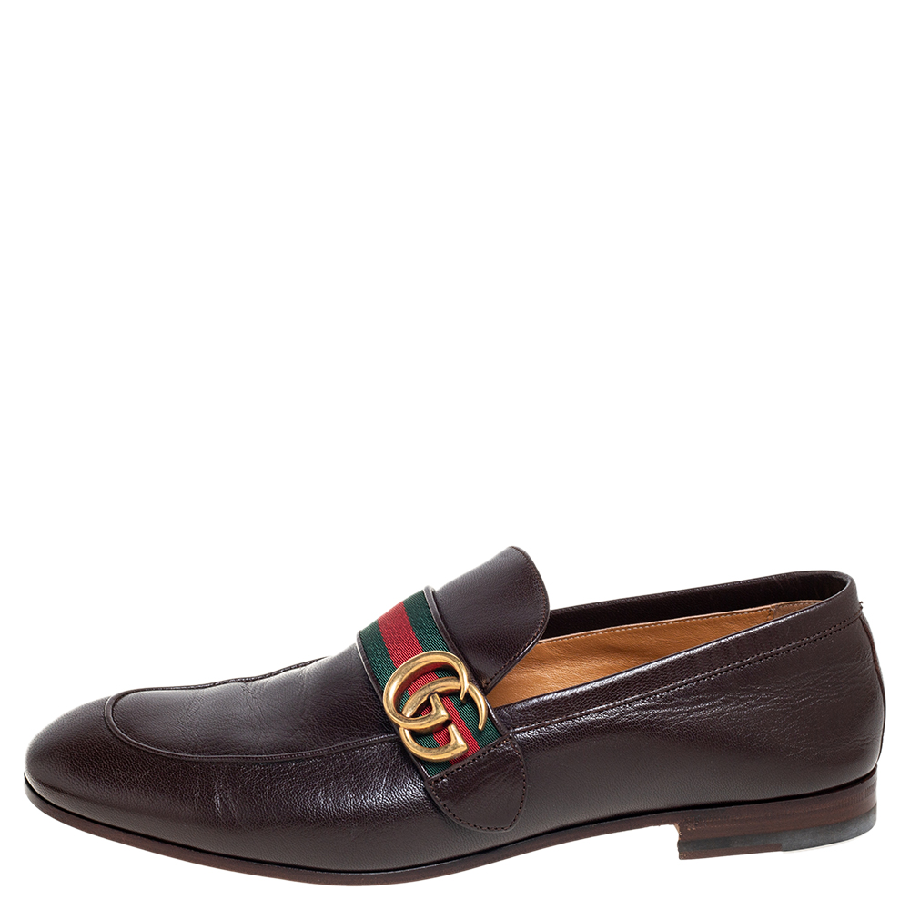 

Gucci Dark Brown Leather GG Web Loafers Size