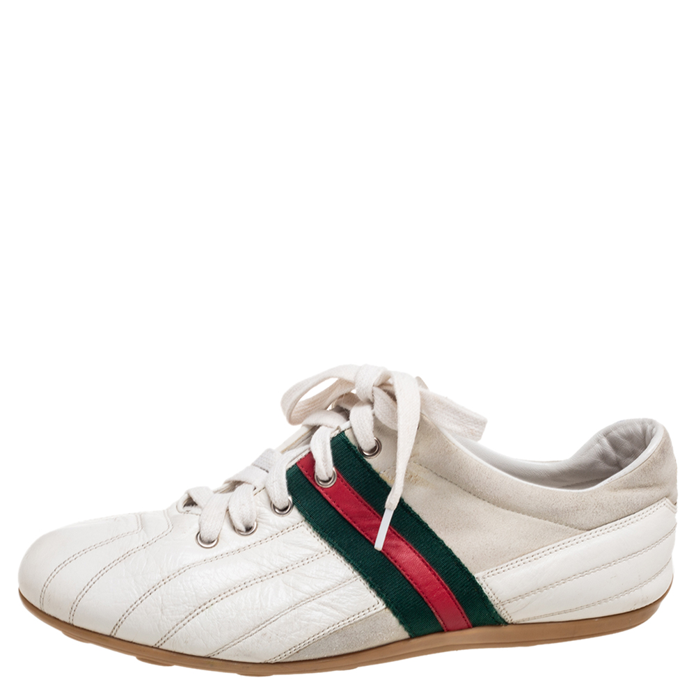 

Gucci White/Grey Leather And Suede Web Detail Lace Up Sneakers Size