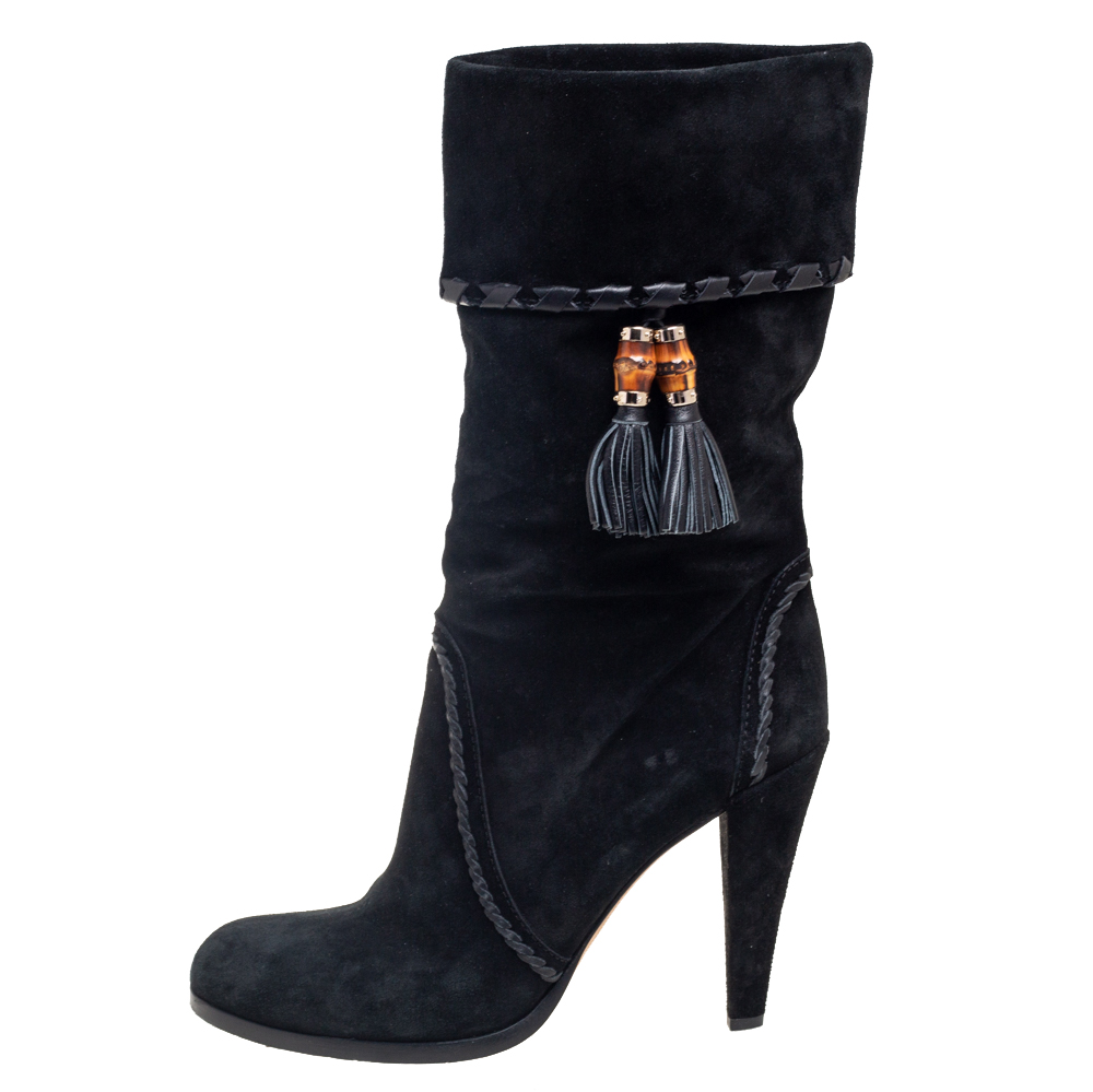 

Gucci Black Suede Bamboo Tassel Mid Calf Boots Size