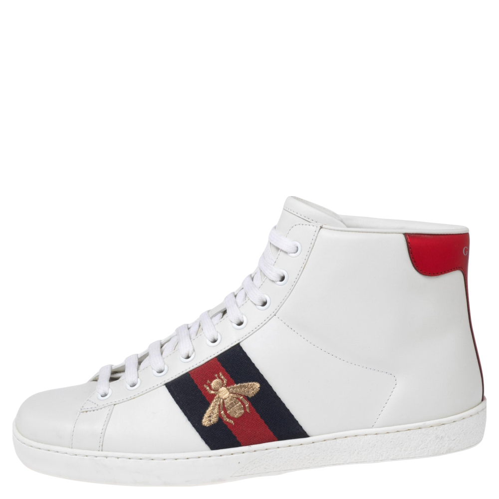 

Gucci White Leather Embroidered Bee Web Ace High-Top Sneakers Size