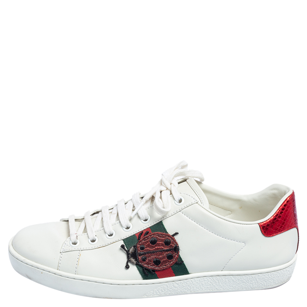 

Gucci White Leather Web Embroidered Ace Sneakers Size