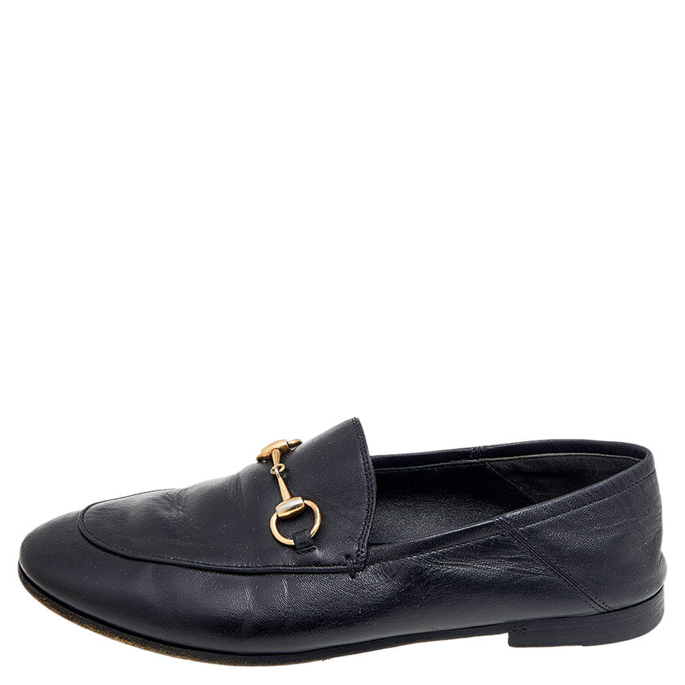 

Gucci Black Leather Horsebit Accent Slip On Loafers Size