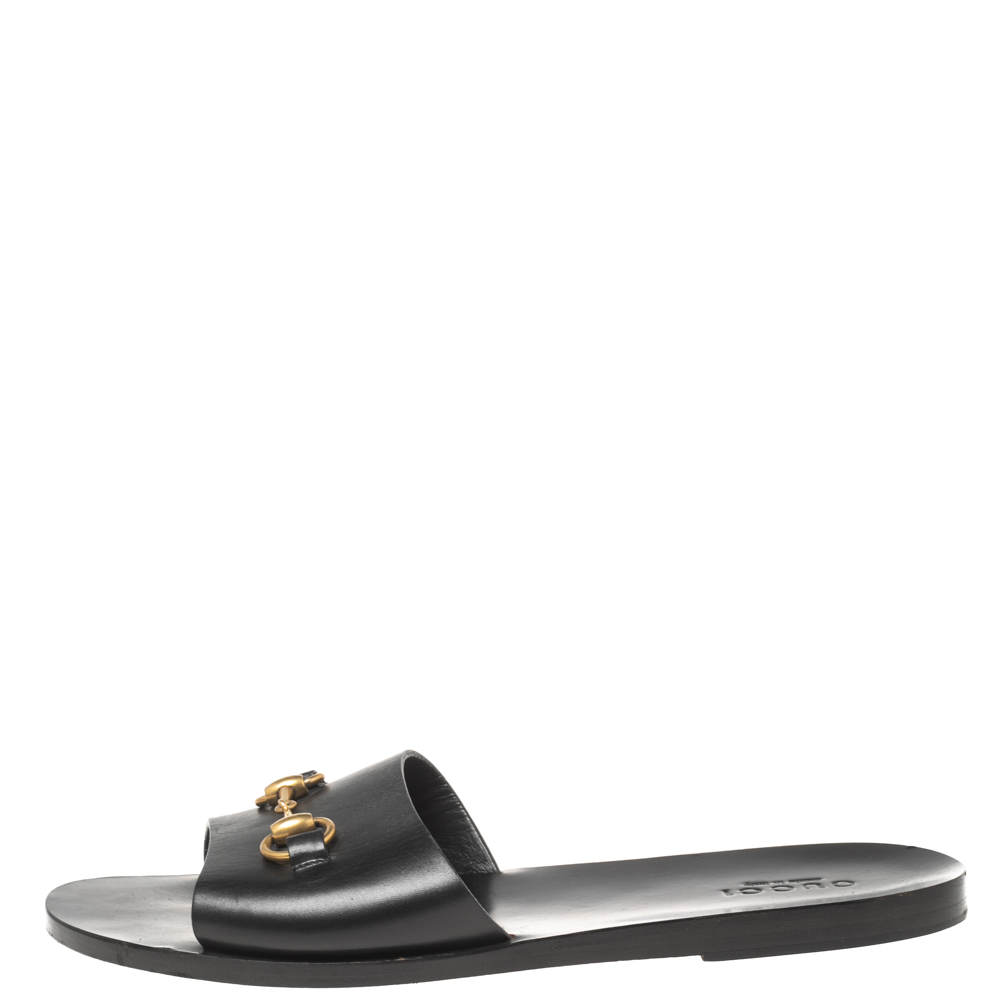 

Gucci Black Leather Horesebit Accent Flat Slippers Size