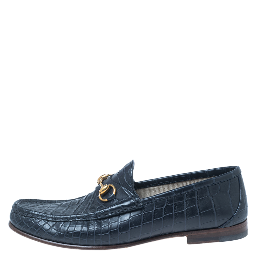 

Gucci Navy Blue Croc Leather Horsebit Loafers Size