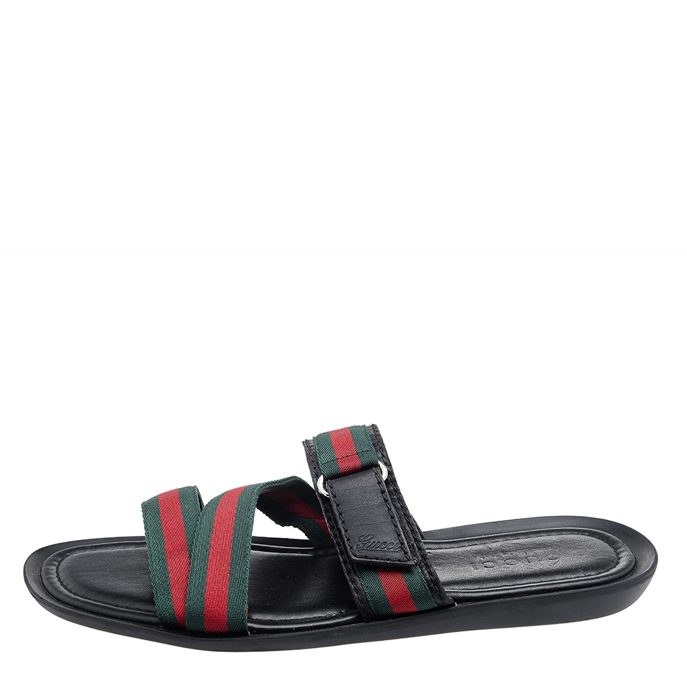 

Gucci Black Leather And Web Tape Detail Slide Flat Sandals Size