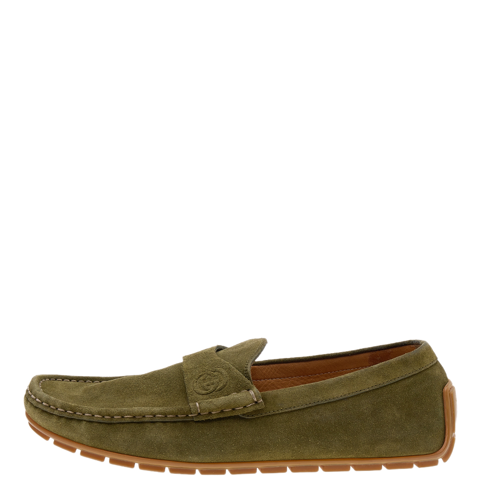 

Gucci Green Suede GG Slip On Driving Loafers Size