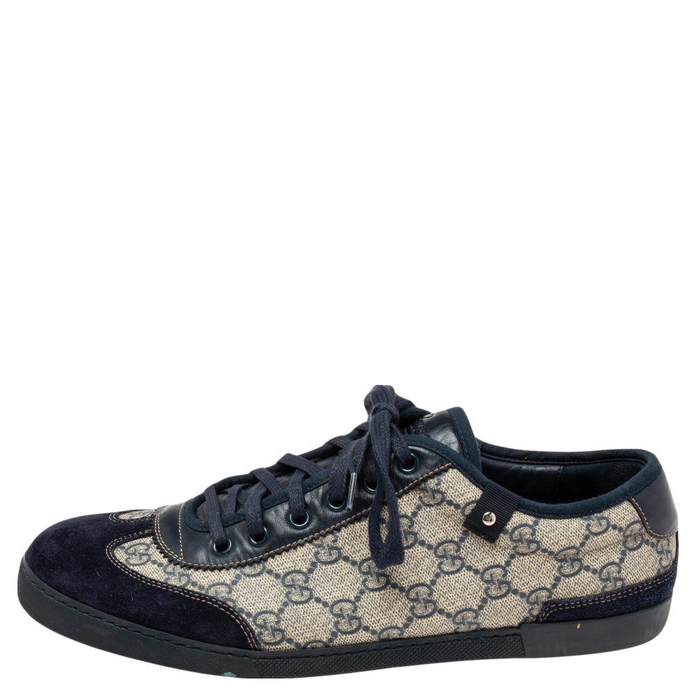 

Gucci Navy Blue/Beige GG Supreme Canvas and Suede Low-Top Sneakers Size