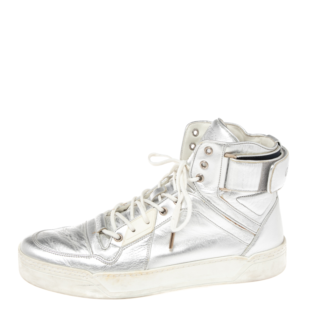 

Gucci Silver Leather High Top Sneakers Size