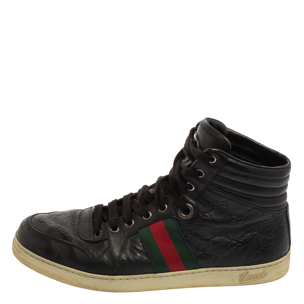

Gucci Black Guccissima Leather Web Detail High Top Sneakers Size