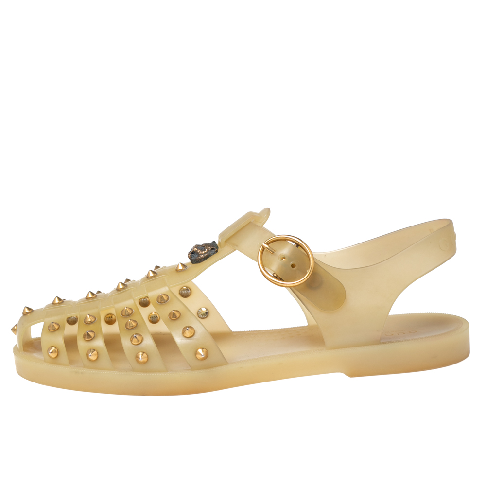 

Gucci Light Yellow Rubber Studded Spikes Caged Flat Sandals Size