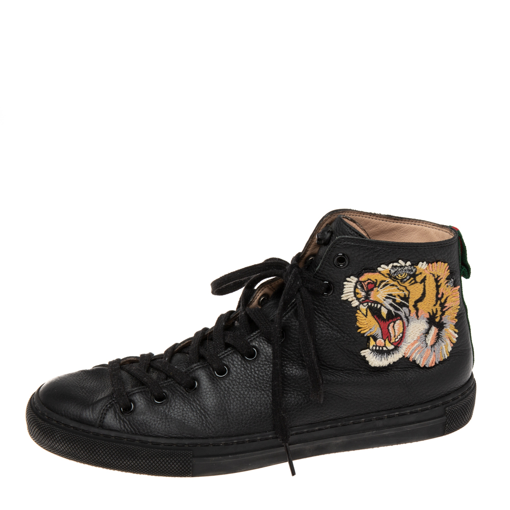 

Gucci Black Leather Tiger Patch High Top Sneakers Size