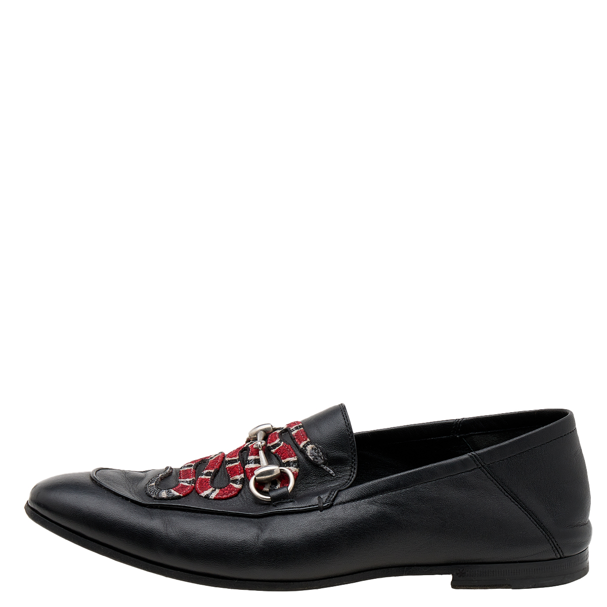 

Gucci Black Leather Brixton Horsebit Snake Embroidered Loafers Size
