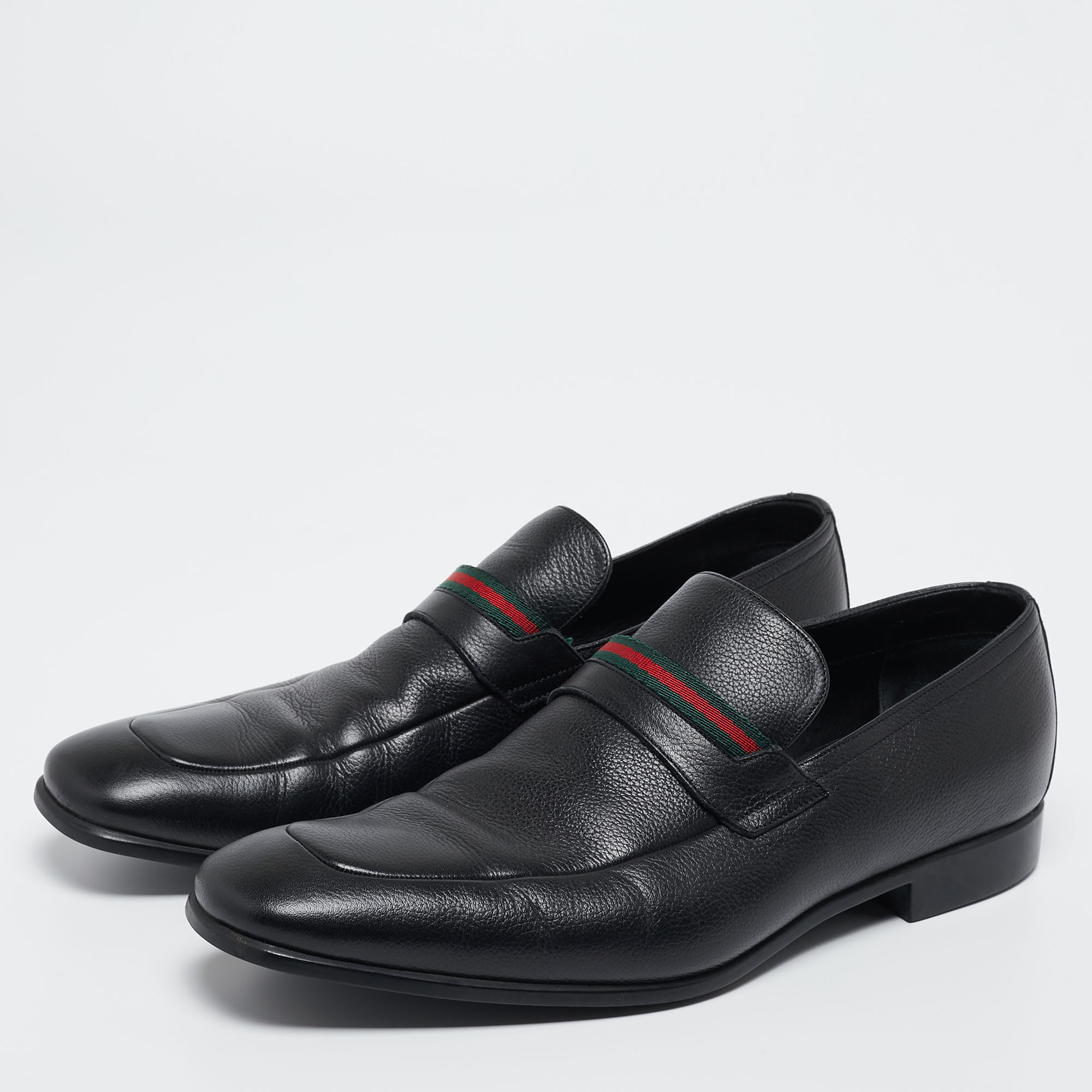 

Gucci Black Leather Web Slip On Loafers Size