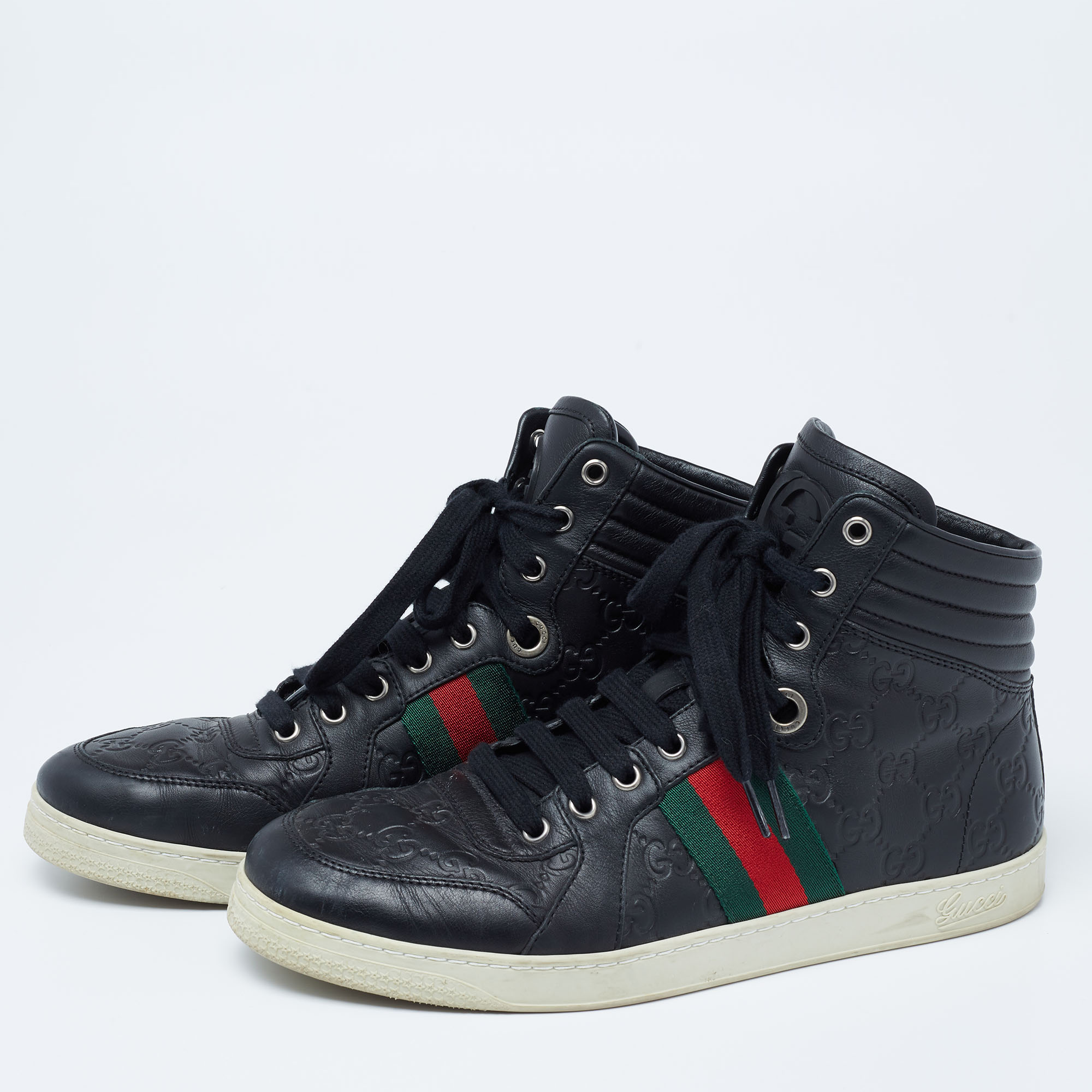 

Gucci Black Guccissima Leather Web Detail High-Top Sneakers Size
