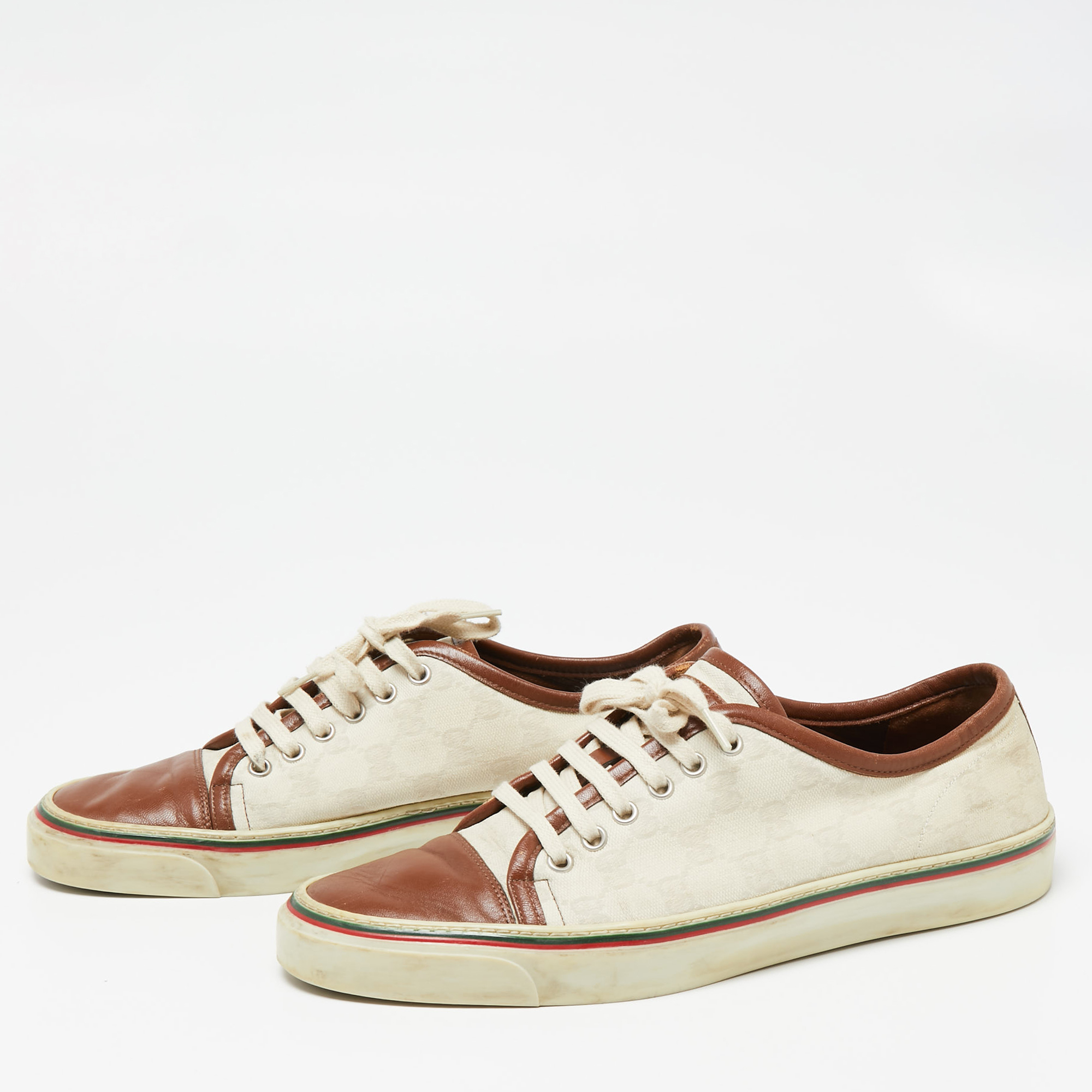 

Gucci Off White/Brown Canvas And Leather Lace Up Sneakers Size
