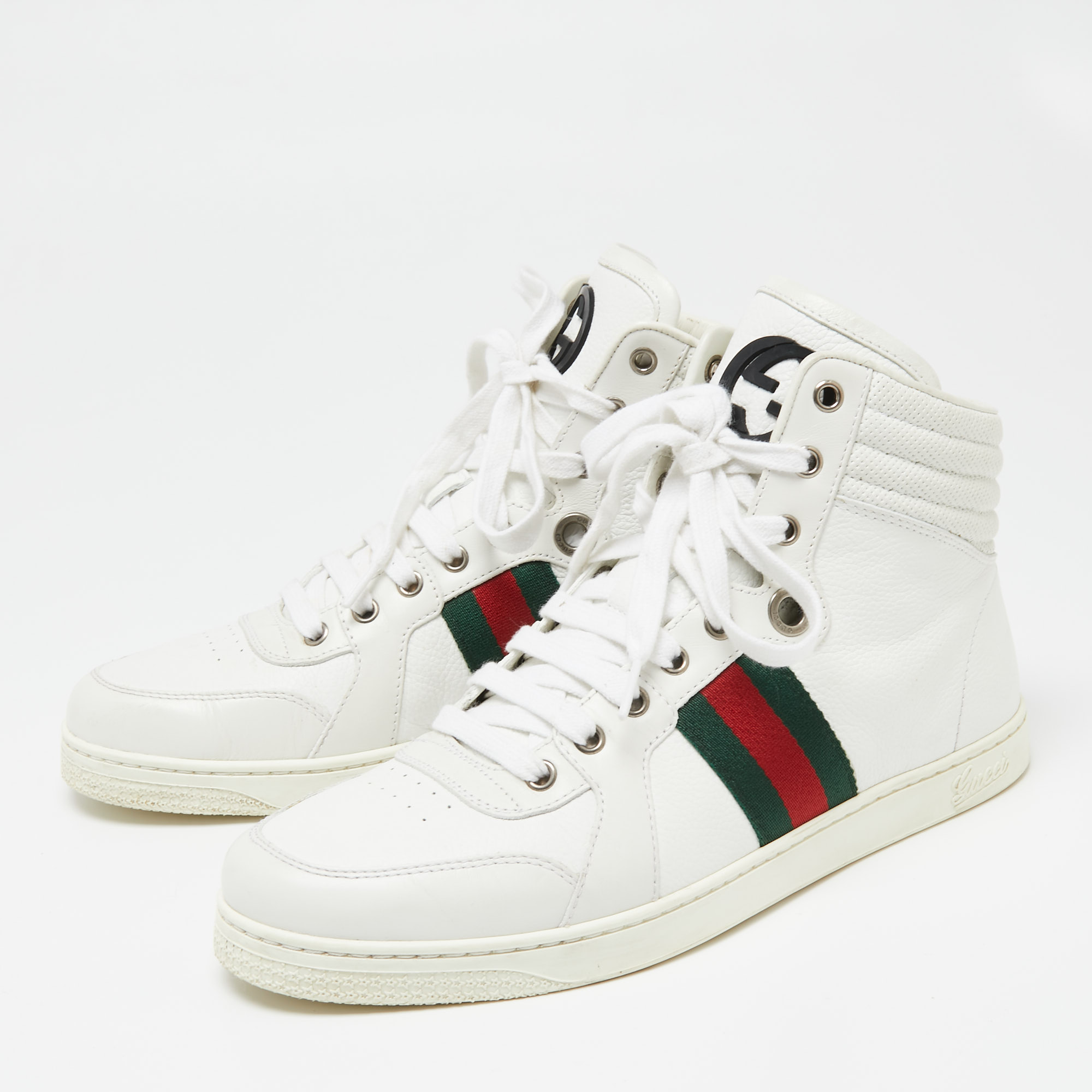 

Gucci White Leather Web Detail High-Top Sneakers Size