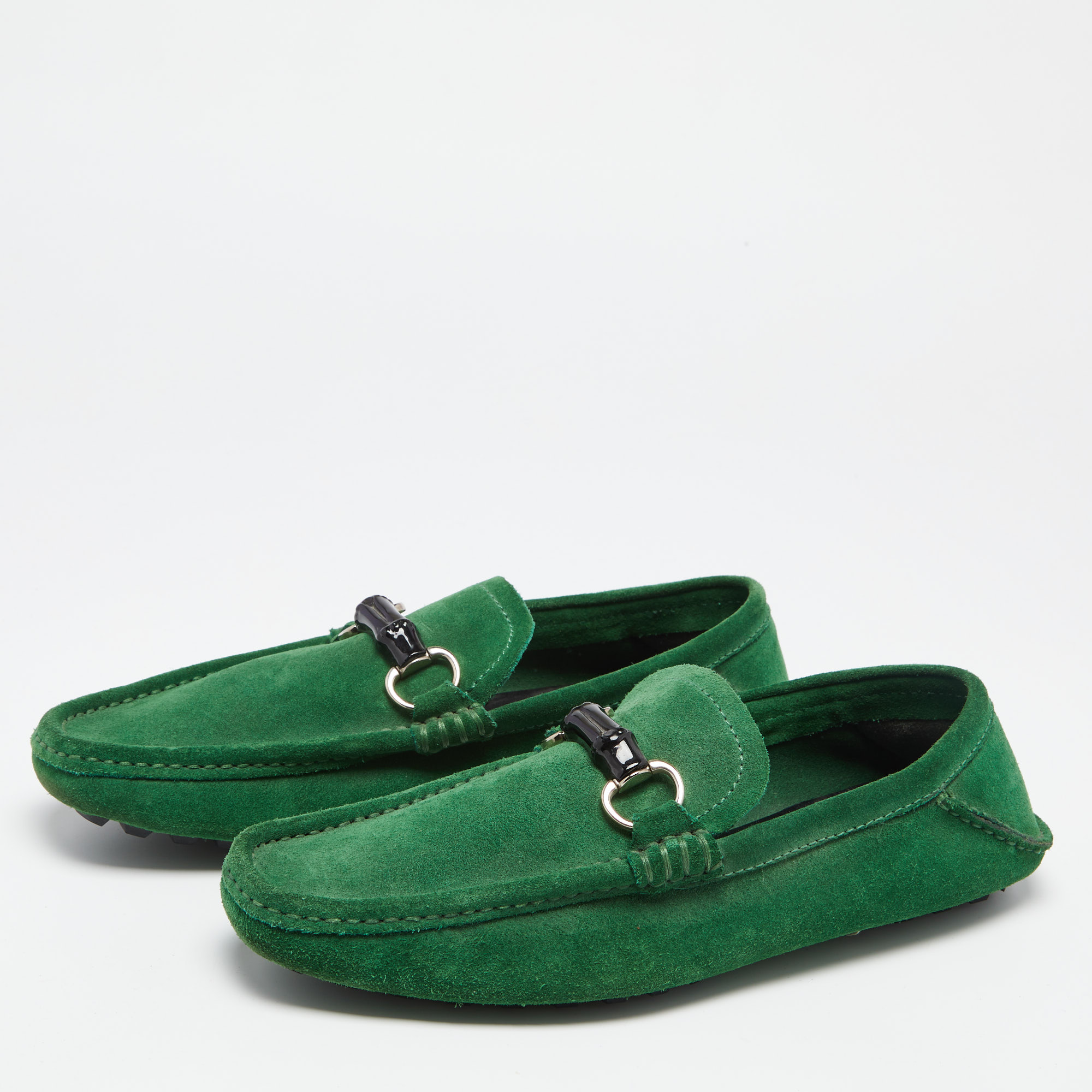 

Gucci Green Suede Bamboo Horsebit Slip On Loafers Size