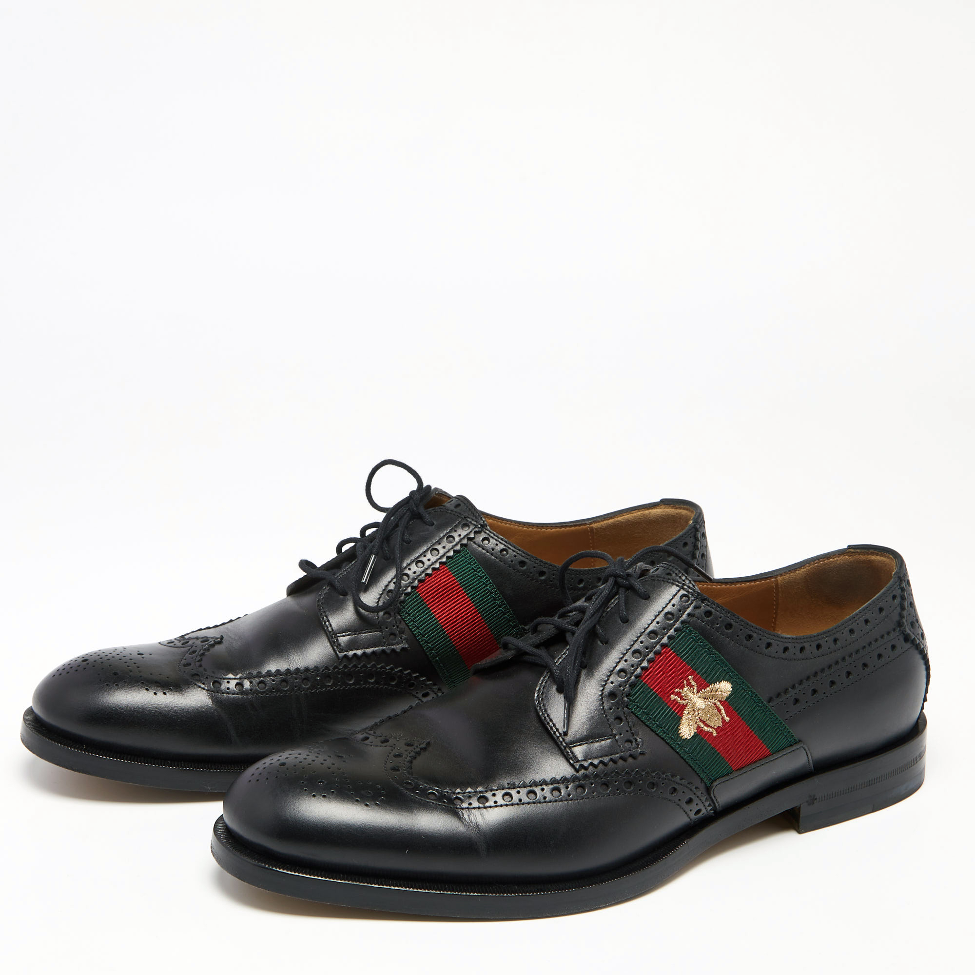 

Gucci Black Brogue Leather Bee Web Detail Lace Up Derby Size