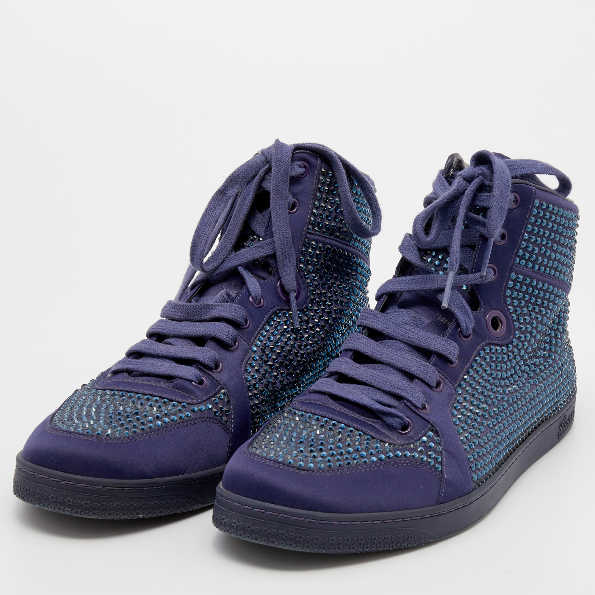 

Gucci Purple Crystal Embellished Satin And Leather High Top Sneakers Size