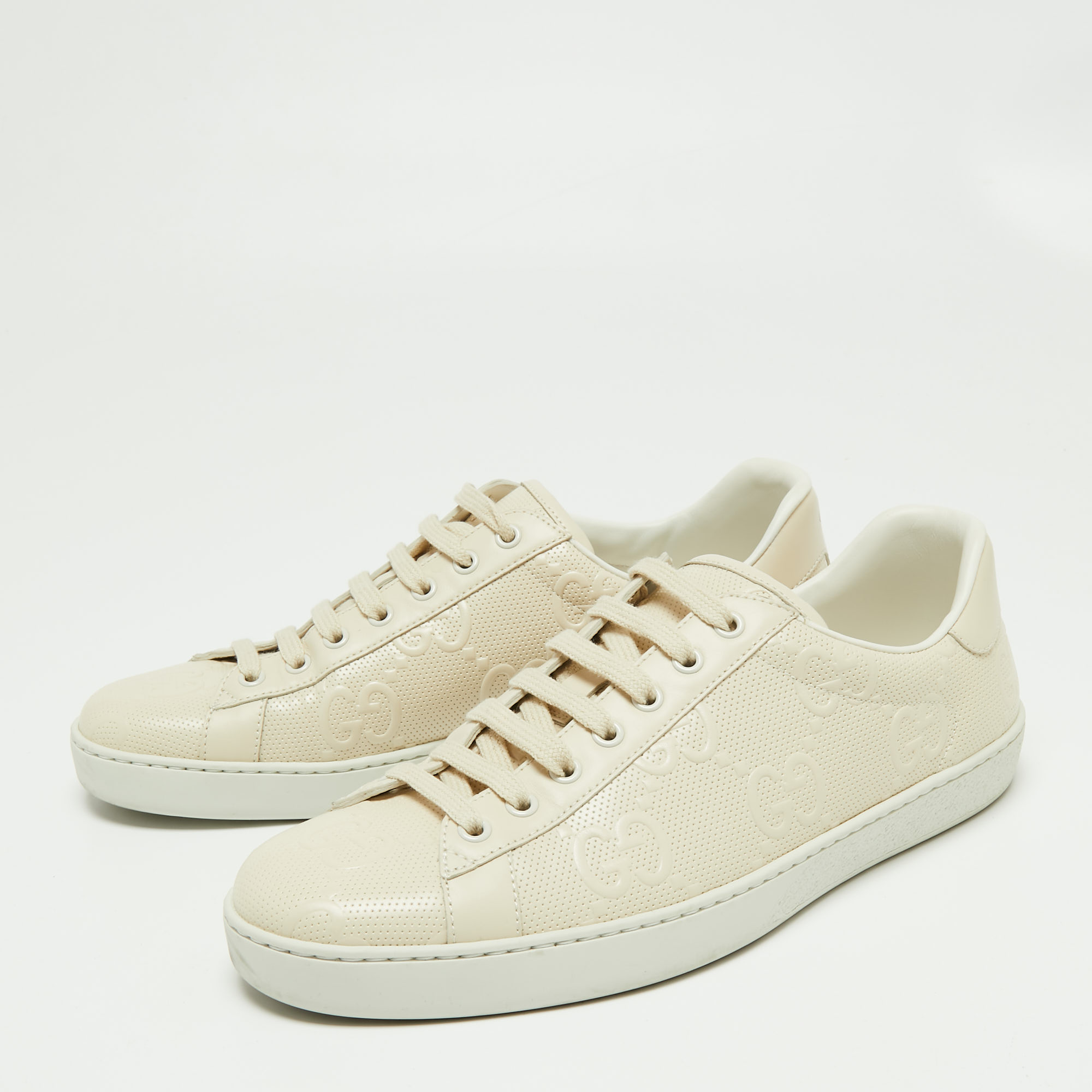 

Gucci Cream GG Embossed Perforated Leather Ace Low-Top Sneakers Size
