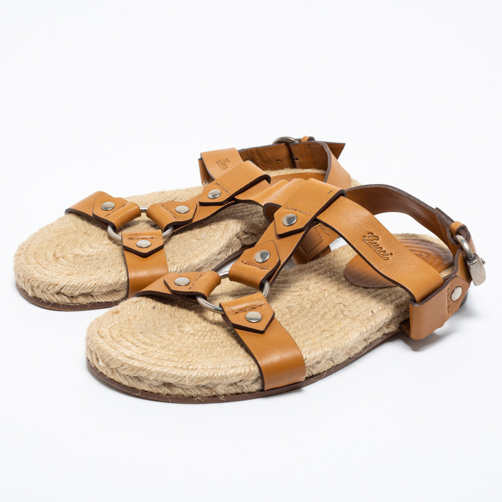 

Gucci Tan Leather Ankle Strap Espadrille Sandals Size
