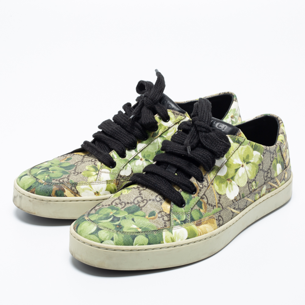 

Gucci Green/Beige Flower Print GG Supreme Canvas Lace Up Low Top Sneakers Size