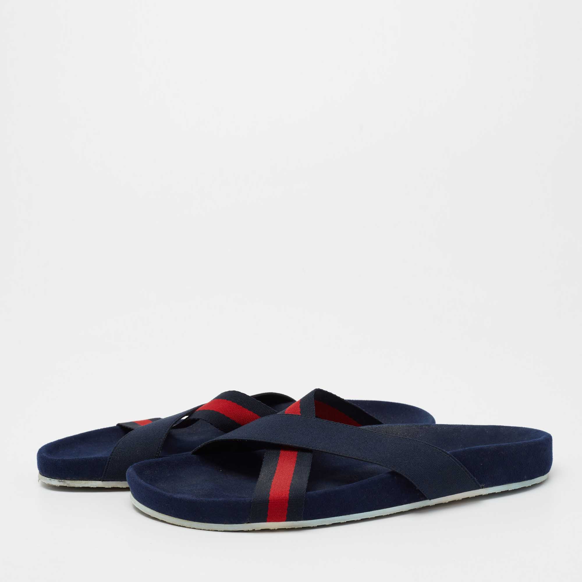 

Gucci Navy Blue Fabric Criss-Cross Web Tape Flat Slide Sandals Size