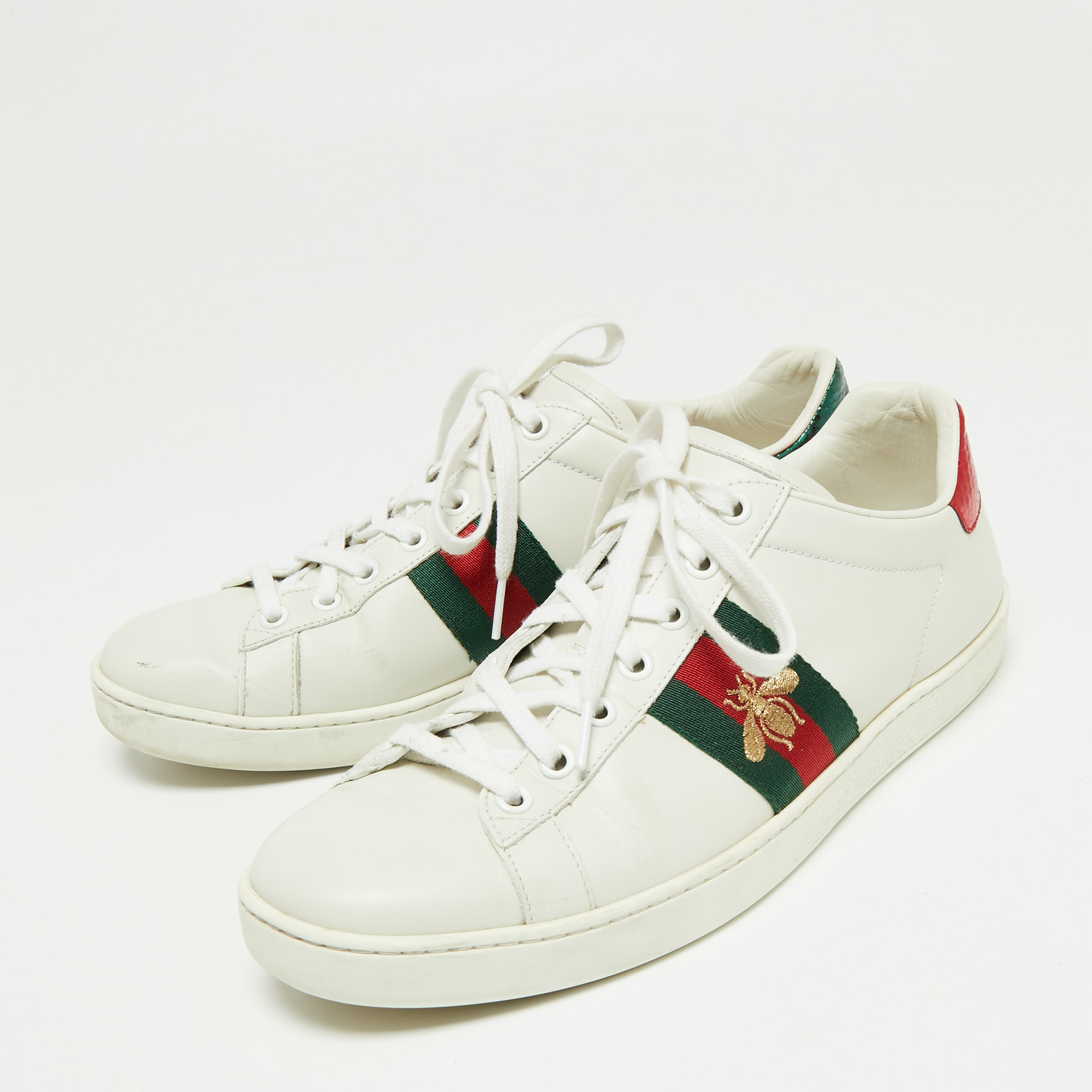 

Gucci White Leather And Python Embossed Leather Ace Bee Web Low Top Sneakers Size