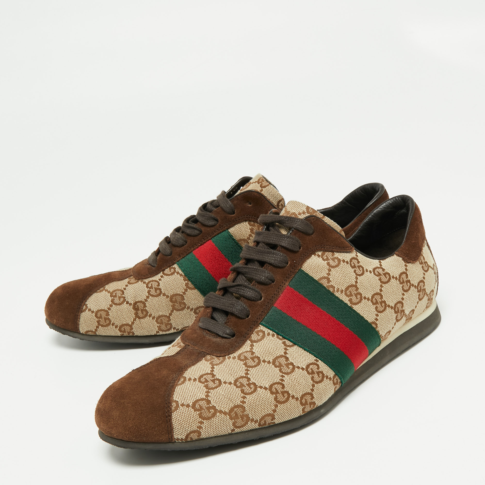 

Gucci Brown/Beige GG Canvas and Suede Web Low Top Sneakers Size